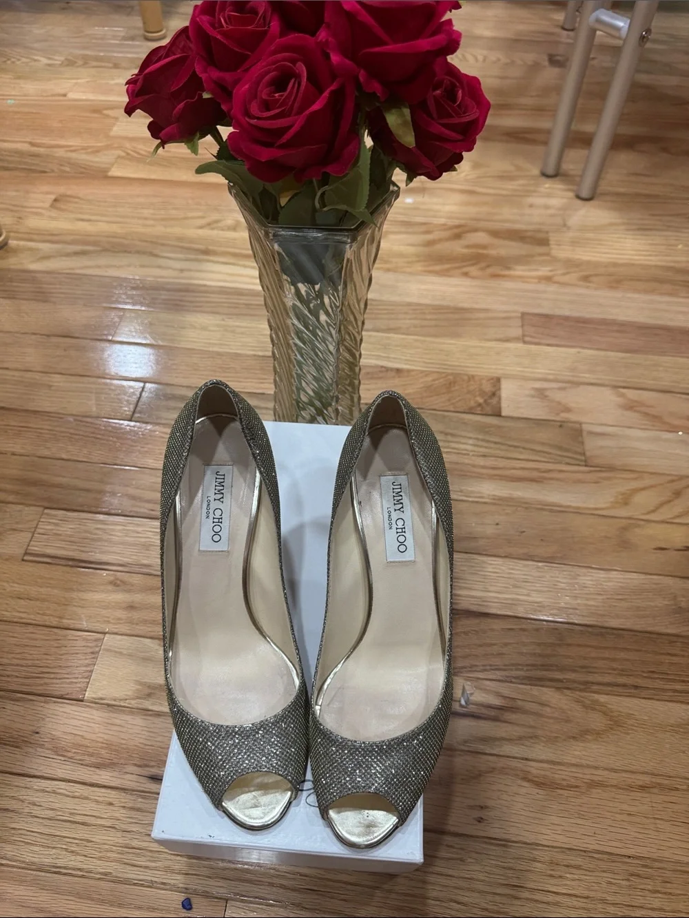 Jimmy Choo Gold Glitter Peep-Toe Heels